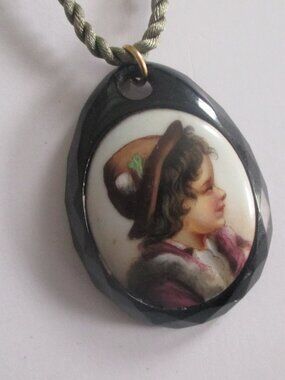 Victorian Whitby Jet Tyrolean Vagabond Boy Porcelain Pendant Necklace